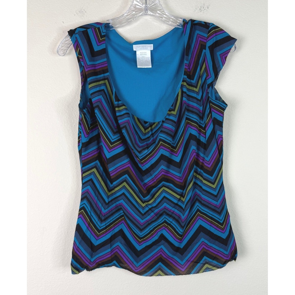 Worthington Top Womens Medium Blue Chevron Cowl Neck Sleeveless Mesh Blouse